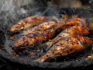 Fish cooking on a grill, macro shoot