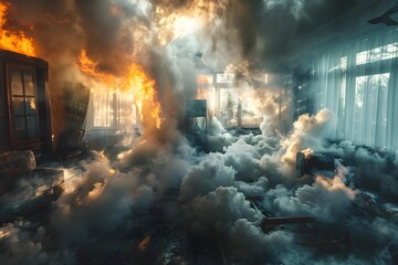 Dramatic Scenes of Raging House Fire Engulfing Residential Space with Billowing Smoke and Intense Flames - obrazy, fototapety, plakaty