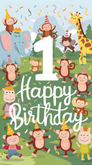 Happy 1st Birthday Greeting with Cheerful Safari Animals