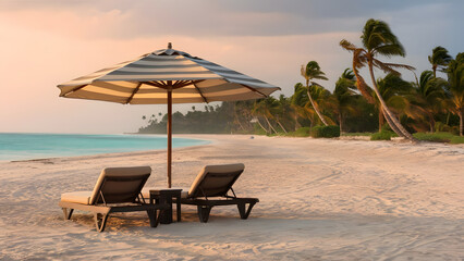 Obraz premium Tranquil Beach Sunset with Colorful Umbrella and Lounge Chairs