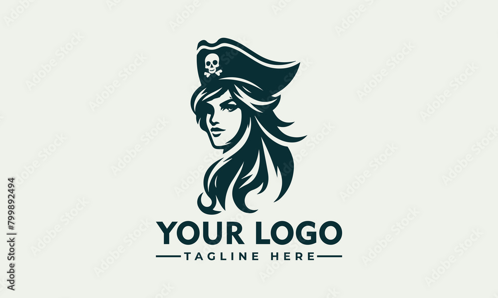 Poster Female pirate woman crossed badge vintage logo line art concept black and white color hand drawn vector illustration logo