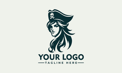 Female pirate woman crossed badge vintage logo line art concept black and white color hand drawn vector illustration logo