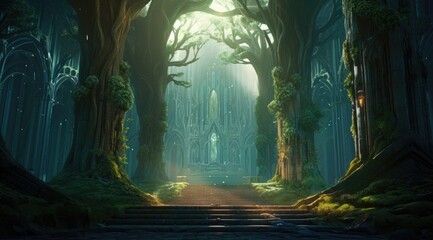 Fototapeta premium Mystical Enchanted Forest Temple in Sunlit Serenity