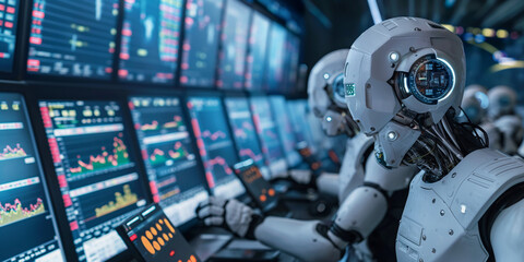Futuristic technology concept. Team of artificial intelligence finance robots in financial stock market that is digitalized with graphics into digital twin of finance Industry
