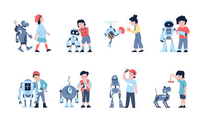 Children and robots. Kids interaction with robot, playing ball, repairing and programming androids or cyborgs. Robotics for toddlers recent vector set