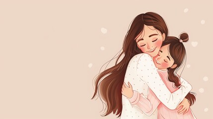 Cartoon Mother Hugging Daughter, Happy Mothers Day