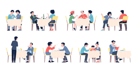 Fototapeta premium Cafe visitors. Waiter takes order, family dinner with child. Man and woman eating and drinking on meeting in restaurant, recent vector scenes