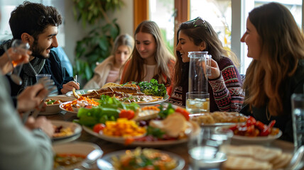 At a festive gathering, friends gather around a table adorned with a mouthwatering shawarma platter, eagerly anticipating their next bite. Ai generated