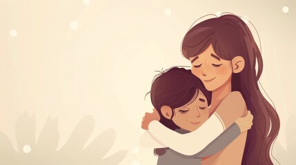 Cartoon Mother Hugging Daughter, Storybook Style, Minimalistic, Happy Mothers Day