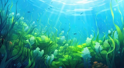 Fototapeta premium Whirling Seaweed Meadow. Serene Underwater Seascape with Aquatic Flora