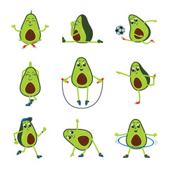 Avocado sport workout. Cartoon avocados training, yoga and stretching exercises. Pilates characters, football player, funny athletes classy vector clipart