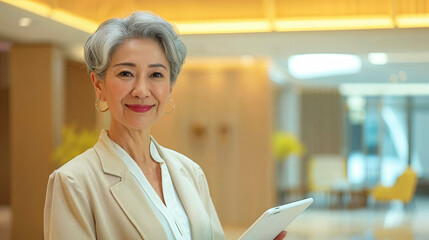 Elegant senior businesswoman with tablet in modern office.