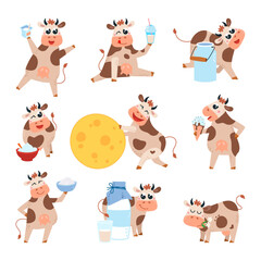 Cows and dairy products. Cartoon cow hold cheese, milk bottle and ice cream, tasty yoghurt and sour cream. Farm agriculture funny classy vector characters