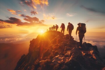 Pursuing Purposeful Careers:Silhouetted Hikers Climbing Towards a Stunning Sunset on the Mountaintop,Symbolizing the Journey of Finding Fulfillment