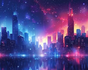 Vector illustration urban architecture, cityscape with space and neon light effect Modern hitech, science, futuristic technology concept Abstract digital high tech city design for banner background