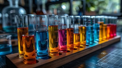 A test tube rack with various colored liquids, in a chemistry lab