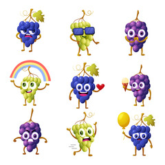 Cartoon grape characters. Different emotions grapes bunches, cute funny mascots. Surprise, angry and happy, various fruits nowaday vector set