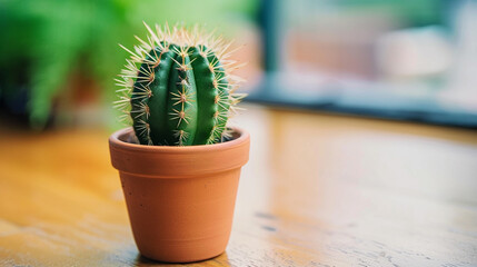 a small cactus plant is in a pot on a table