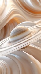 3D rendering of Saturn made of beige glossy plastic floating in a beige liquid.