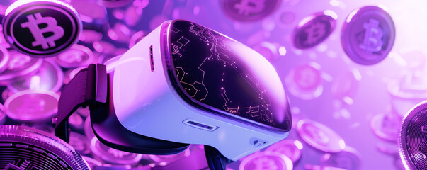 Obraz premium Virtual Reality Headset and Bitcoin Coins on a Purple Hued Background