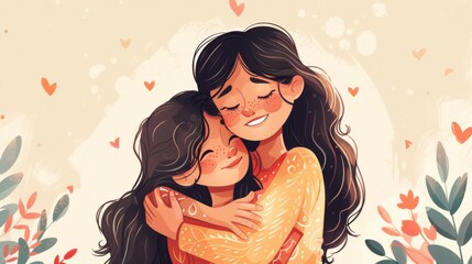 Mom Hugs Daughter in Cute Illustration, Both Smiling Happily
