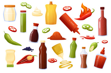 Sauces elements. Spicy sauce, hot chilli, soy and wasabi. Peppers slices and powder, mustard drops. Different bottles and spices, nowaday vector clipart