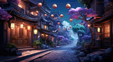 Spectral Lantern Alley, Enchanted Asian Street at Twilight