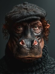 A portrait of a humanoid hippo wearing a tweed cap and a turtleneck sweater.