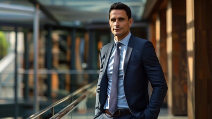 Naklejka premium A professional headshot of a man in a suit and tie, standing with hands in pockets.