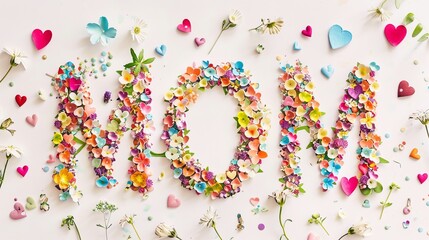 MOM Letters Crafted in Colored Hearts and Flowers on White Background, Happy Mothers Day
