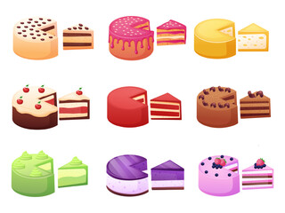 Birthday cakes. Different cake and pieces. Sweet festive dessert, tasting samples for married. Isolated tasty food, delicious nowaday vector set