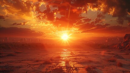 An illustration of a red desert landscape with a large sun in the background.