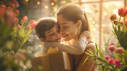 Mother Hugging Son, Warm Picture with Gift Box and Flowers