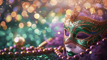 Colorful Mardi Gras carnival mask and beads