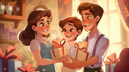 Mother's Day Cartoon Image in Story Style with Cute Kid, Mom and Dad, Happy Mothers Day