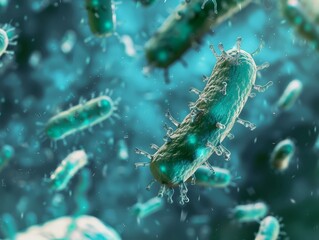 High-definition microscopic image of Escherichia coli (E. coli) bacteria, showcasing their distinctive rod-shaped bodies clustered together dynamically. Ideal for scientific and educational use