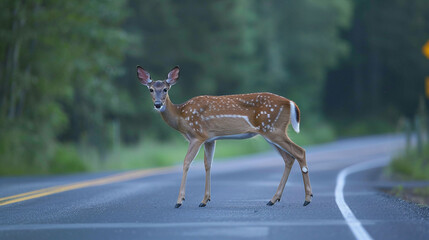 Early morning or evening view of a deer cautiously crossing the road near a forest, a poignant reminder of wildlife and transportation coexistence