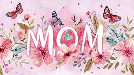 Mothers Day Card Decorated with Wildflowers and Butterflies, Watercolor Style