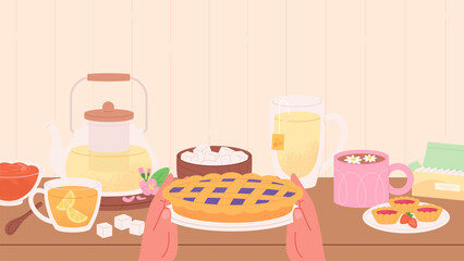 Teatime background. Kitchen table with teapot, jam and sugar. Different cups with tea, sweets and hands holding pie, vector cozy home time scene