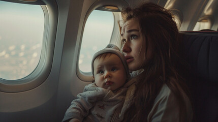 Exhausted young mother and her baby sitting by the airplane window, depicting the challenges of traveling with children