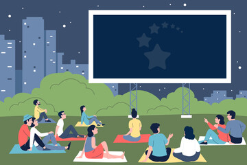 Cinema open air. Young single people and couples sitting on plaids and waiting film on giant screen in city park. Night entertainment, recent vector scene