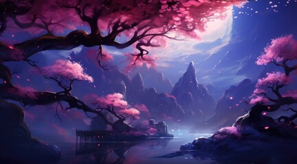 Obraz premium Enchanted Moonlit Cherry Blossoms