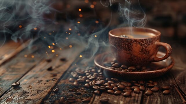 Coffee cup with smoke and coffee beans on old wooden background