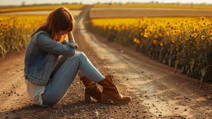 Smutna dziewczyna siedząca blisko pola z rzepakiem - obrazy, fototapety, plakaty