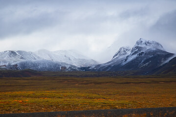 Snowy mountains seen from Gjabakkavegur road in Iceland