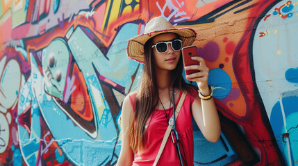 Joyful young woman striking a pose for a selfie, her outfit and style popping against a graffiti-covered wall