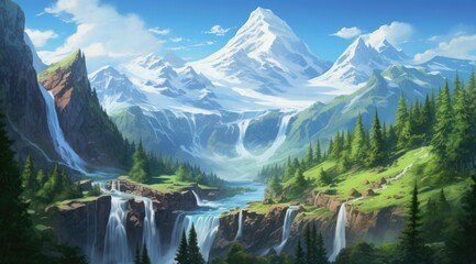 Majestic Mountain Peaks and Waterfall