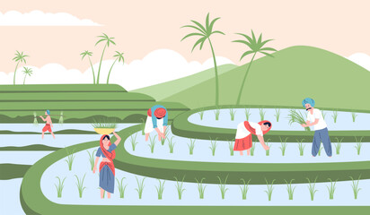 Indian farmers in rice fields. Smiling asian farmer working, man and woman farming and planting. Agricultural workers, rural recent vector scene