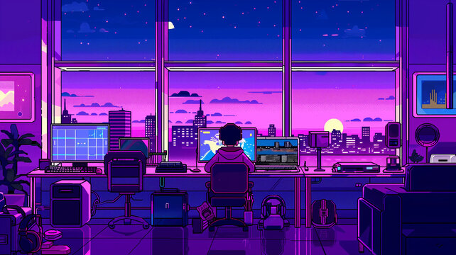 16-bit pixel art in purple and pink, a scene of a computer in a cozy room on a rainy day, with an ASMR concept.