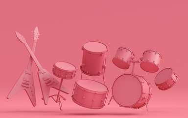 Set of electric acoustic guitars and drums with cymbals on monochrome background